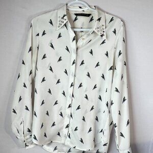 ZARA Woman Parrot Print Satin Blouse with Studded Collar – M